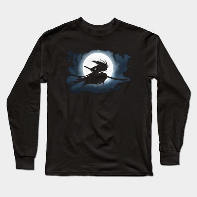 Samurai Moon Grunge Long Sleeve T-Shirt by epyongart